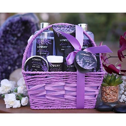 Gifts for Her, Spa Gift Basket, Luxury 9pc Bath & Body Set For Women & Men, Lavender & Jasmine Scent With Shower Gel, Bubble Bath, Lotion, Bath Salt, Body Scrub, Massage Oil, Loofah & Basket