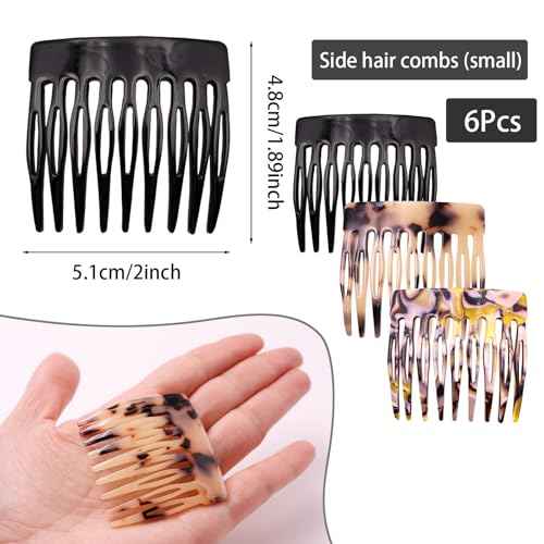 6 Pcs French Hair Side Combs Small Decorative French Twist Hair Styling Accessories, Strong Hold Hair Comb Clips for Women (Black,Tortoise Shell, Acetate)