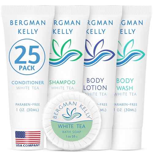 Bergman Kelly - Hotel Toiletries Bundle - White Tea, 1 oz each, 125 Pieces - 5-Piece Set: 25 each Round Bar Soap, Shampoo, Conditioner, Body Lotion & Body Wash - Bulk Mini Guest Amenities