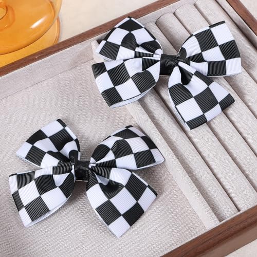 2Pc Racing Checkered Flag Hair Bow Clips 4 inch Girls Women Black White Buffalo Plaid Ribbon Pigtail Bow Barrettes Race Fan Hair Accessories Car-Themed Birthday Party Gift