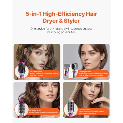 VEVOR Hair Air Styler and Dryer Brush, 5-in-1 Multi Hair Styler with 3 Brushes & 2 Nozzles, Ionic Blow Dryer Brush, Reduced Heat Damage, High-Speed Styling Tool for Volumizing Straightening Curling