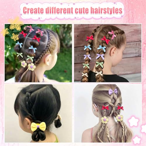 48 Pcs Toddler Hair Ties for Girls, Baby Hair Bows Cute Flower Hair Ties Colorful Elastics Scrunchies,Bow Hair Clips Y2K Snap Hair clips,Seamless Ponytail Holders, Little Girls Hair Accessories