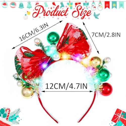 Latious Light Up Christmas Balls Headband LED Xmas Bow HairBand Glow Santa Bowknot Hair Hoop Holiday Costume Hair Accessories for Women and Girls