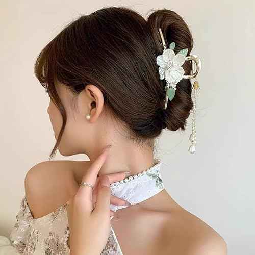 1 Pack Flower Hair Claw Clips for Women, Camellia Flower Leaf Hair Clips with Small Pearl Butterfly Tassel Design Metal Gold Strong Hold Hair Jaw Clips Grip Clip for Thick or Thin Hair Accessories