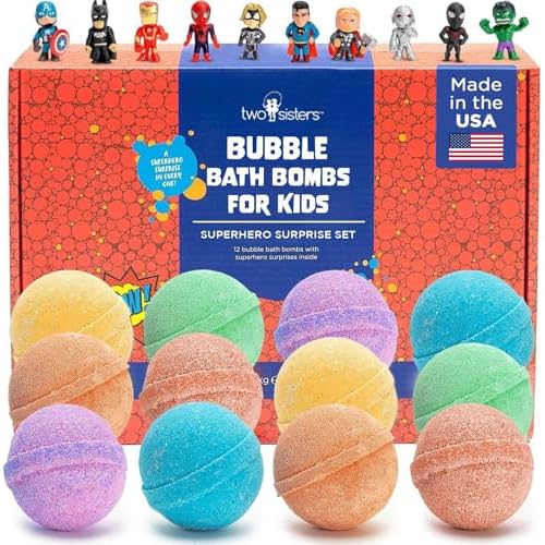 Superhero Boys Bath Bombs with Surprise Hero Toys Inside (12 Pack) - Large Bubble Bomb, Fruity Scents, Relaxing Aromas - Ideal Birthday Gift for Kids by Two Sisters