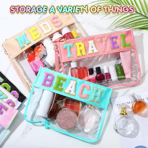 Abbylike 6 Pcs Chenille Letter Clear Zipper Pouch Summer Waterproof Cosmetic Pouch Travel Gym Beach Hawaii Bag Travel Patch Purse Makeup Letter Bag for Women Girls, 6 Colors(Charming Colors,Stylish)
