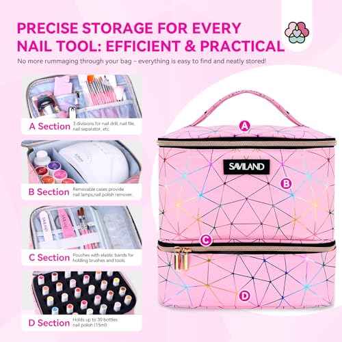 SAVILAND Nail Polish Organizer Bag: PU Leather Nail Polish Storage Organizer Holds 30 Bottles & Nail Lamp, Nail Polish Holder Travel Carrying Case Box Nail Tech Organizer Storage Bag for Nail Supplies