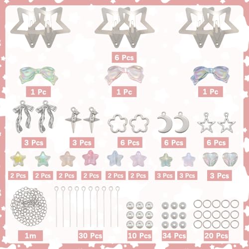 SUNNYCLUE 1 Box DIY 6 Sets Star Tassel Hair Clips Making Kit Hairclip Pack Stars Moon Bowknot Cute Hairpins Hairclips With Beaded Tassels Hairpin Accessories for Women Braid Long Short Thin Thick Hair