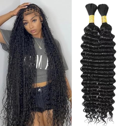 Human Braiding Hair 2 Bundles 100g 28Inch Deep Wave Bulk Human Hair for Braiding No Weft Curly Braiding Hair Bulk Curly Human Hair for Boho Braids 12A Brazilian Virgin Hair Extensions Natural Color