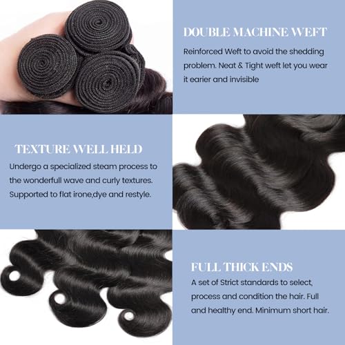 Human Hair Bundles with Closure Body Wave (18 20 22+16) 100% Unprocessed Brazilian Virgin Human Hair Weave Extensions 3 Bundles with 4x4 HD Transparent Lace Clsoure