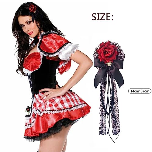 Flower Hair Combs, Rose Bow Hairpin Lace Ribbon ElegantCute Retro Handmade Hair Bride Accessories for Party Wedding Red Birthday Halloween Cosplay Women Girl Decoration