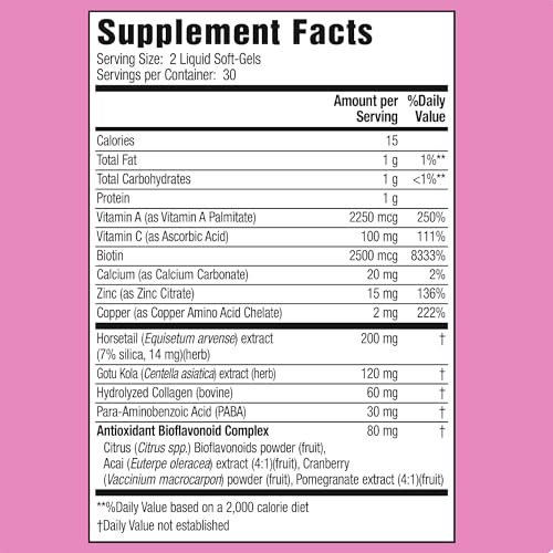 Applied Nutrition Longer Stronger Hair & Nails - 60 Liquid Soft-Gels - Biotin, Silica & Collagen - 30 Servings