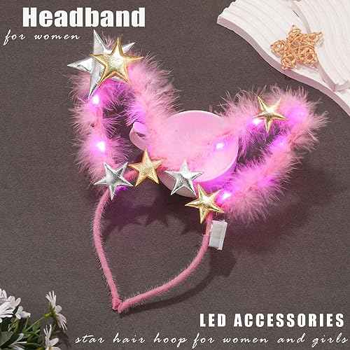 Sixexey Light Up Headband LED Pink Star Hair Band Halloween Cosplay Costume Party Hair Accessories for Women