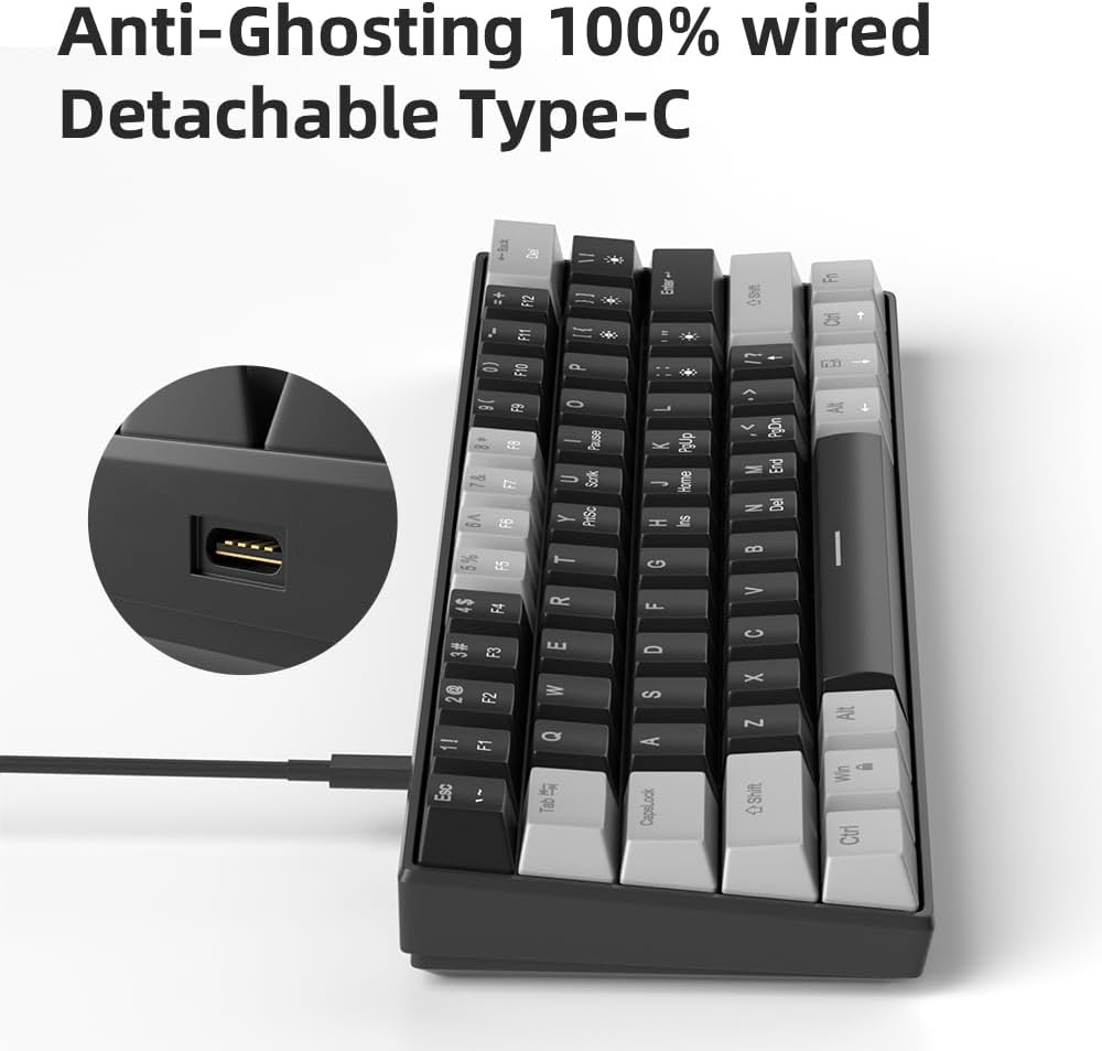 60% Mechanical Gaming Keyboard, White Gaming Keyboard with Red Switches, Detachable Type-C Cable Mini Keyboard with Blue LED Light for/PC/Laptop