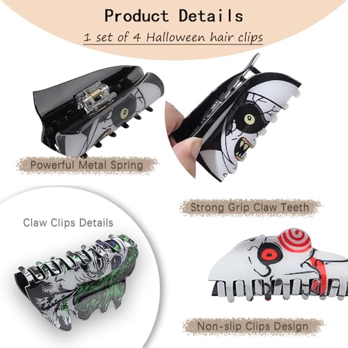 4pcs Spooky Halloween Hair Accessories, 4inch Large Scream Mask Claw Clips, Fun Halloween Hair Clips, Skull Ghost Decorative Claw Clips, Cyberpunk Green Hair Water Ghost Hair Clips