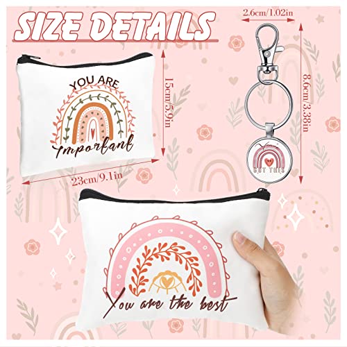 Pinkunn Christmas Rainbow Canvas Cosmetic Bag Bulk with Inspirational Quote Keychains Set 16 Pcs Cosmetic Bags 16 Pcs Keychains You are Amazing Beautiful Kind Travel Pouch Zipper