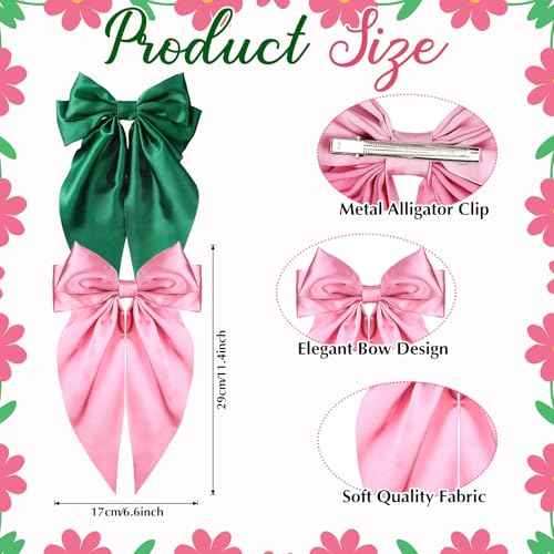 2 Pcs Witch Hair Accessories for Women Satin Pink and Green Hair Bow Clips with Long Tails and Metal Clips Bow Accessories for Princess Witch Birthday Party Decorations