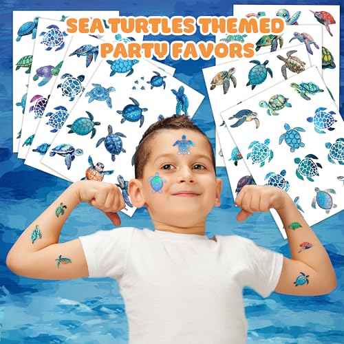 Sea Turtle Temporary Tattoos 8 Sheets 96PCS Ocean Party Decorations Supplies Favors Under Sea Theme Birthday Cute Stickers Christmas Gifts for Boys Girls Class School Prizes Carnival