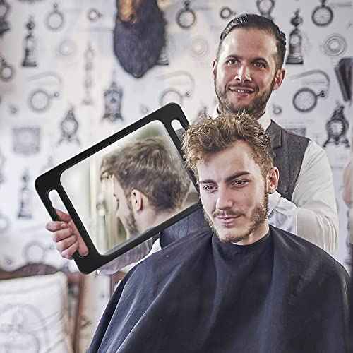 Drop-Proof Hand Mirror with Double Handle, Large Rectangular Hand held Mirror -(16"x10") Largehand Mirrors with Handle for Salons and Beauty Salons, Light Salon Hair Mirror(Black)