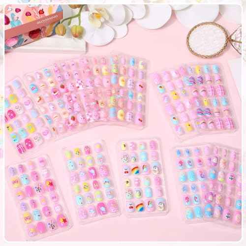 288 Pieces Kids Nails Press ons for Girls, Acejoz Fake Nail Set Pre Glue Stick on Short Nails for Children Little Girls 8-12 Year Nail Art Decoration