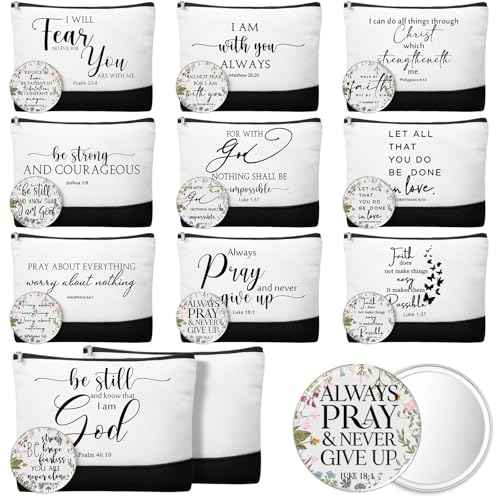 Kacctyen 20 Pcs Christian Gift for Women Bulk 10 Inspirational Religious Canvas Makeup Bag 10 Mini Christian Compact Mirrors Religious Gifts for Pastor Church Christmas Thanksgiving Gifts(Classic)