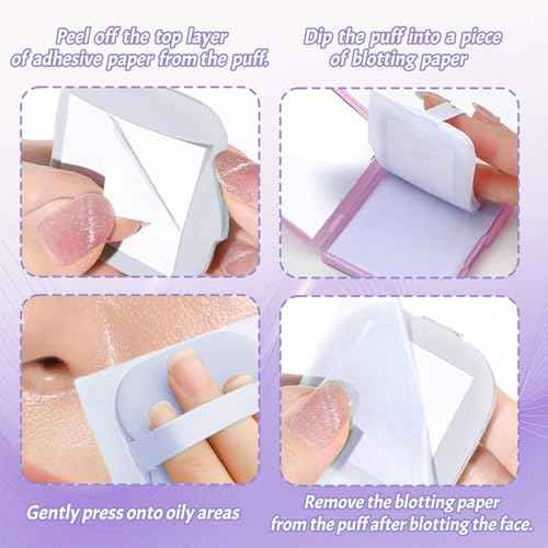 BOROLA 3-in-1 Oil Blotting Paper Set for Face 100 Sheets Oil Absorbing Sheets with Portable Mirror & Adhesive Makeup Puff, Blotting Papers for Oily Skin, Design for Men & Women(Purple)