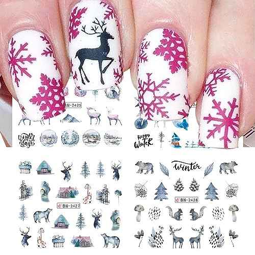 12 Sheets Christmas Nail Stickers Christmas Tree Elk Snowflake Water Transfer Nail Decals Holographic Christmas Day Nail Art Sticker Decal Nail Art Design for Women DIY Supplies Manicure Decoration