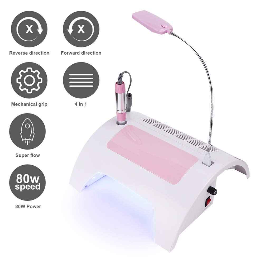 5 in 1 Nail Dust Collector with Drill, 60W Multi-Functional Nail Grinding Machine, Cleaner, Manicure Light, Hand Rest Pillow for Salon, Home Manicure, Pedicure (US)