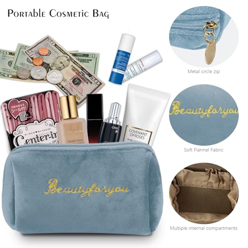 Velvet Makeup Bag, Portable Zipper Make Up Pouch, Cute Small Cosmetic Bag, Flannel Toiletry Bag, Travel Storage Bag Gifts for Women Girls(Blue)