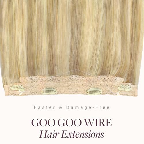 GOO GOO Wire Hair Extensions Human Hair, 16/22 Light Blondewith mix Golden Blonde Highlighted 16inch 95g, Invisible Wire Hair Extensions with Transparent, Seamless Fish Line Hairpiece