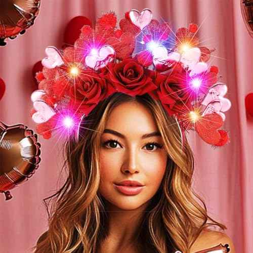 Fashey Light Up Heart Headband Led Flashing Valentine Headbands Red Flower Hairband Festival Party Costume Hair Accessories for Women and Girls