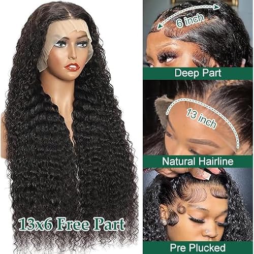 ITODAY 13x6 Deep Wave Lace Front Wigs Human Hair 200% Density 24 Inch Curly Human Hair Wig for Women Natural Black HD Transparent Lace Glueless Frontal Wigs Pre Plucked Natural Color