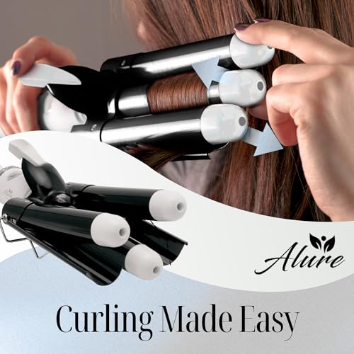 Alure Three Barrel Curling Iron Wand Hair Waver with LCD Temperature Display - 1 Inch Ceramic Tourmaline Triple Barrels, Dual Voltage Crimp (Black/White)
