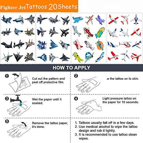 Fighter Jet Temporary Tattoos Stickers for Kids 20Sheet Military Air Force Airplane Party Favors Decoration Supplies Army Themed for Girls Boys Classroom School Gifts Prizes Rewards