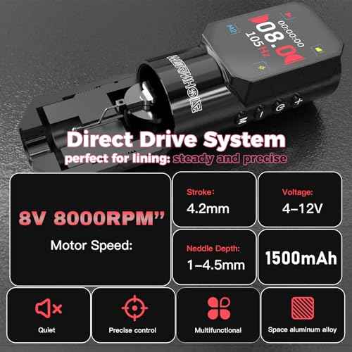 Wormhole Tattoo Gun Wireless Tattoo Machine 1500mAh Battery Aluminum Alloy Smart Tattoo Pen Dot Working Mode Multifunctional Machine for Professional Artist Black