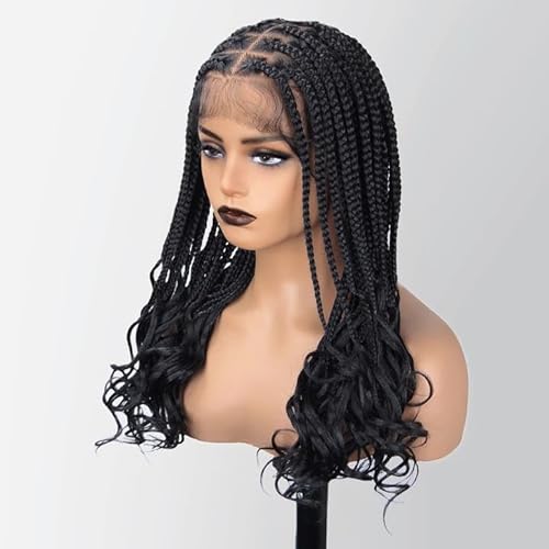 18 Inch Braided Wigs With Curly Ends, 360 Single Full Lace French Curl Braided Wigs for Black Women Knotless Box Braid Wig with Baby's Hair