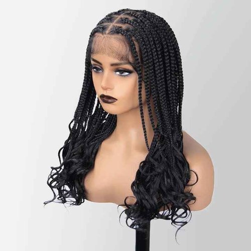 lounoke 18 Inch Braided Wigs With Curly Ends, 360 Single Full Lace French Curl Braided Wigs for Black Women Knotless Box Braid Wig with Baby's Hair