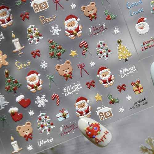 1 Sheet Christmas Nail Sticker Self- Adhesive Nail Decals with Cute Snowman Candle Snowflake Bow Elk Santa Claus Design Xmas Nail Art Stickers for Women Winter Holiday Nail Sticker