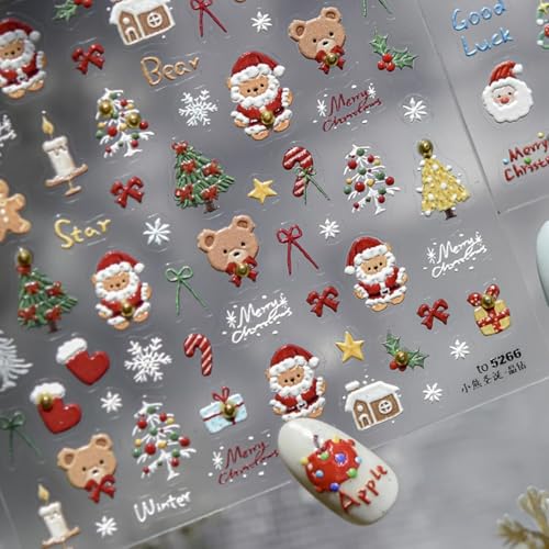 1 Sheet Christmas Nail Sticker Self- Adhesive Nail Decals with Cute Snowman Candle Snowflake Bow Elk Santa Claus Design Xmas Nail Art Stickers for Women Winter Holiday Nail Sticker