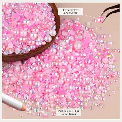 9000PCS Flatback Pearls and Pink Rhinestones for Bedazzling Kit, Pink White 3-10mm Resin Rhinestones Gems and Half Pearls for Crafting, Nail Art and Grad Cap Decor with B7000 Jewelry Glue