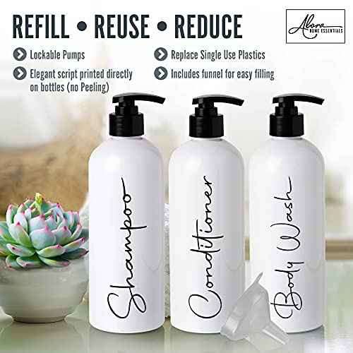 Alora 16oz Refillable Shampoo and Conditioner Dispenser Bottles - Set of 3 - Pump Bottle Dispenser for Shampoo, Conditioner, Body Wash - Empty Plastic Refillable Containers for Shower, Matte White