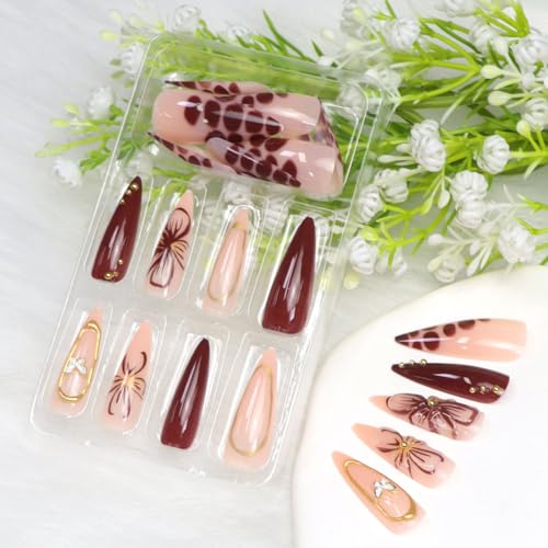 Stiletto Press on Nails Long Cute Flowers and Butterflies with Golden Lines and Steel Beads Fake Nails Press ons Brown Almond Acrylic Glue on Nail Glossy Stick on Nail for Women 24 Pcs