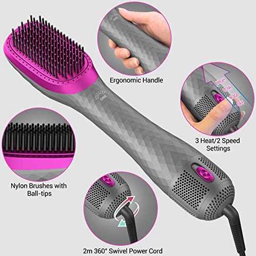 APOKE 3 in 1 Hair Dryer Brush Professional 1200W Powerful Ceramic Tourmaline 3 Heat/2 Speed Settings One Step Hair Dryer and Styler (Gray)