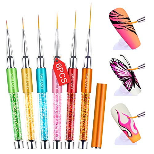 Saviland 6pcs Nail Art Liner Brushes Set: Nail Gel Polish Painting Nail Art Design Brush Pen Set with Crushed Diamond Rhinestones Handle for Pulling Lines, Sizes 7/9/11/13/17/23 mm, Christmas Gifts