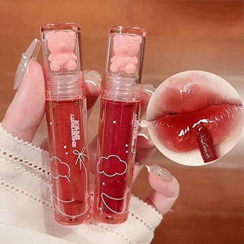 2Pcs Bear Lip Glaze Jelly Lipstick,Liquid Lipstick Cute Bear Lipgloss Moisturizing Lip Stain Plumping Water Lip Gloss Waterproof Long Lasting Cheek Rouge Tint Cosmetics Bear Beauty Makeup