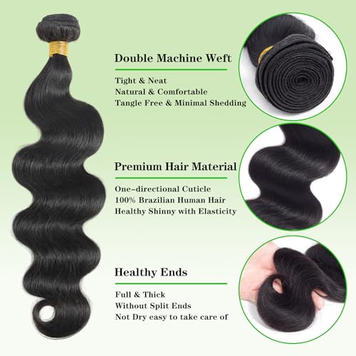 Body Wave Bundles with 5x5 Closure Human Hair (14 16 18+12) 100% Unprocessed Brazilian Virgin 10A Body Wave Human Hair Weave Bundles with 5x5 Closure Natural Color