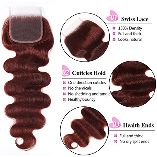 UNICE Reddish Brown Body Wave Human Hair 4x4 Lace Closure Free Part, Brazilian Human Remy Hair Auburn Brown Body Wave Human Hair Closure 33B Color 18 inch