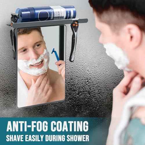 TAILI Shower Mirror Fogless for Shaving - with Powerful Suction, Razor Holder for Shower, Anti-Fog Adjustable for Bathroom,Makeup Shave Mirror Wall Mounted, Shatterproof & Removable,Grey
