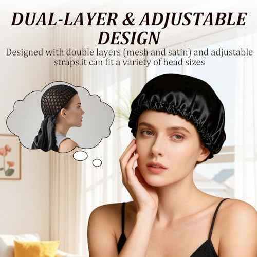 2 In1 Wrap Cap Bonnet Reversible,Adjustable Hair Wrap Cap Nettie Band Net,Extra Long Hair Silk Press Set Braid Bonnet for Curly Black