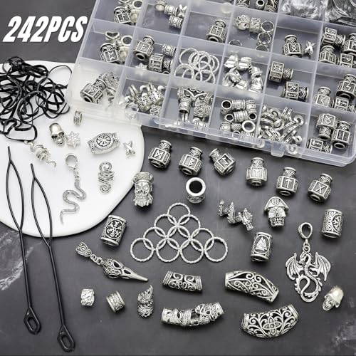 Fscwlmon 242PCS Vikings Hair Clips Jewelry for Women Men Norse Runes Tube Beads Loc Accessories Metal Braids Clip Cuffs for Dreadlock Viking Beard Hair Beads Bracelet Necklace DIY Pirate Decor Silvery